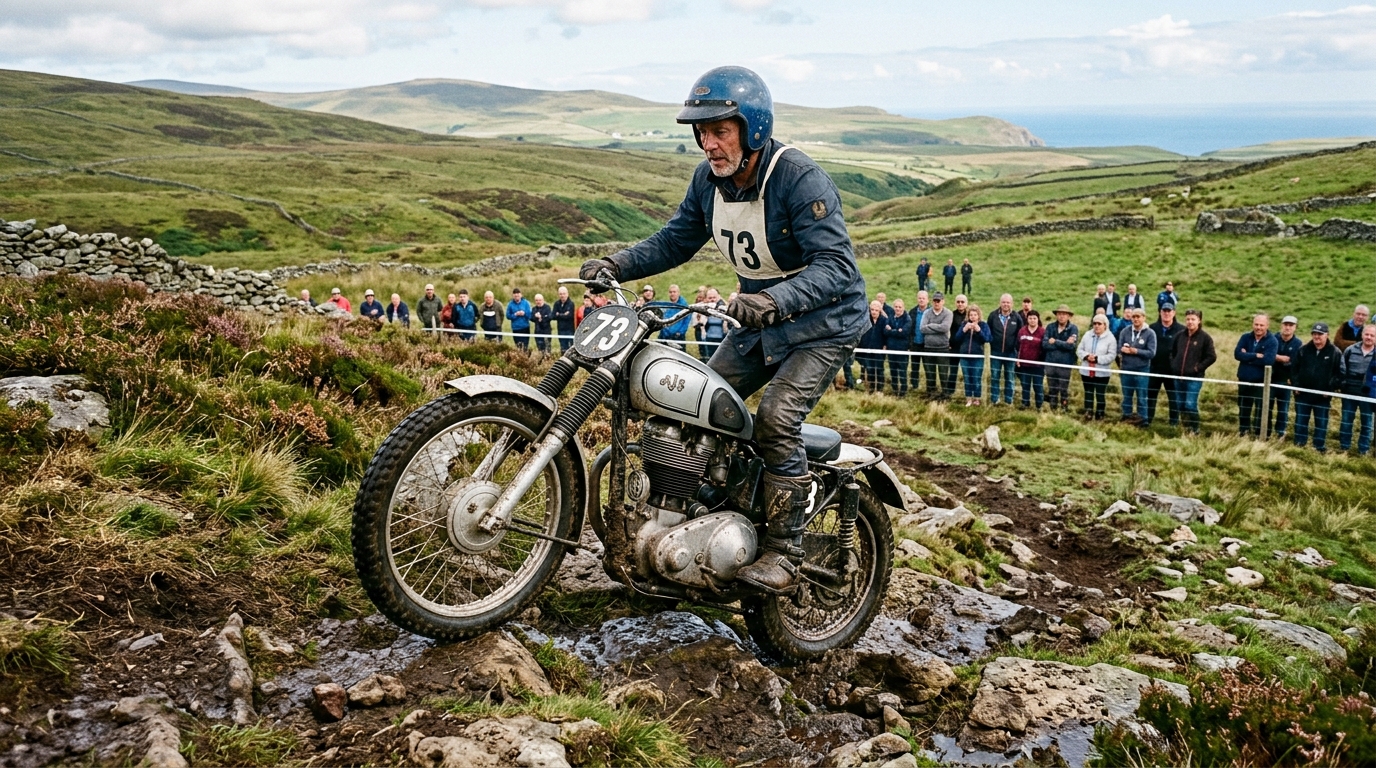 Classic trials motorcycle event in the Isle of Man countryside