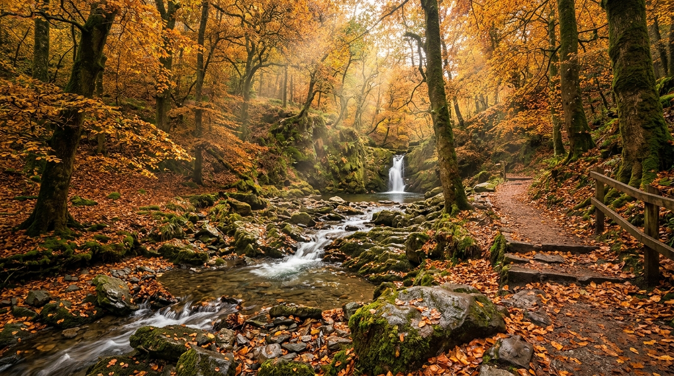 Golden autumn woodland and stream in an Isle of Man glen