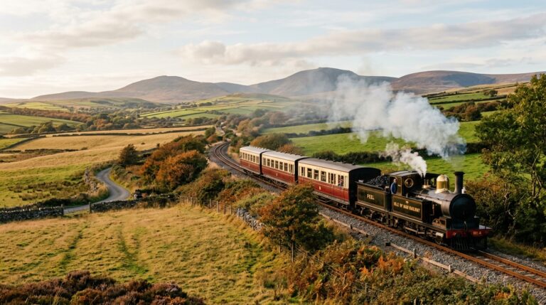 Isle of Man Steam Railway travelling through autumn countryside