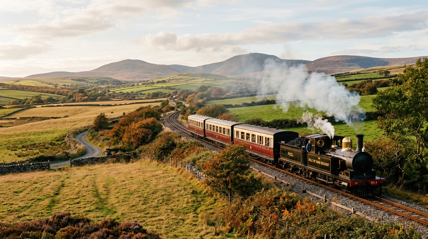 Isle of Man Steam Railway travelling through autumn countryside