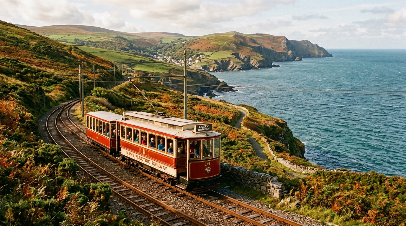 Manx Electric Railway tram beside the Isle of Man coast