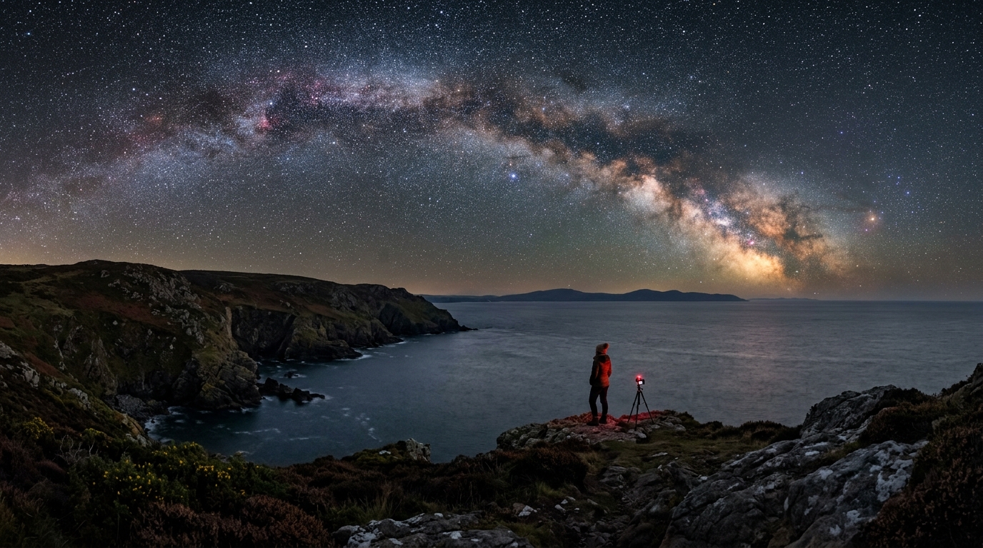 Milky Way over the Isle of Man coastline at a dark sky site