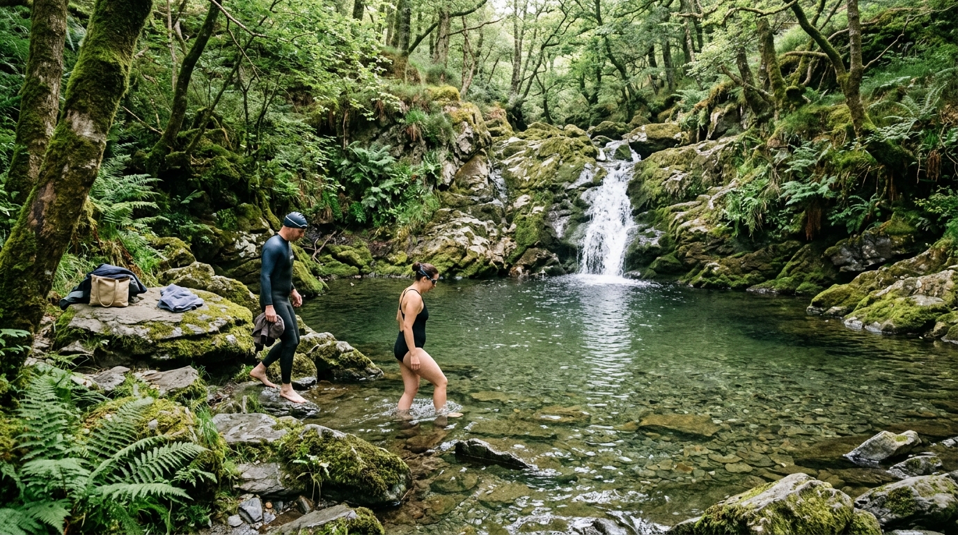 Wild swimming pool and waterfall in an Isle of Man glen